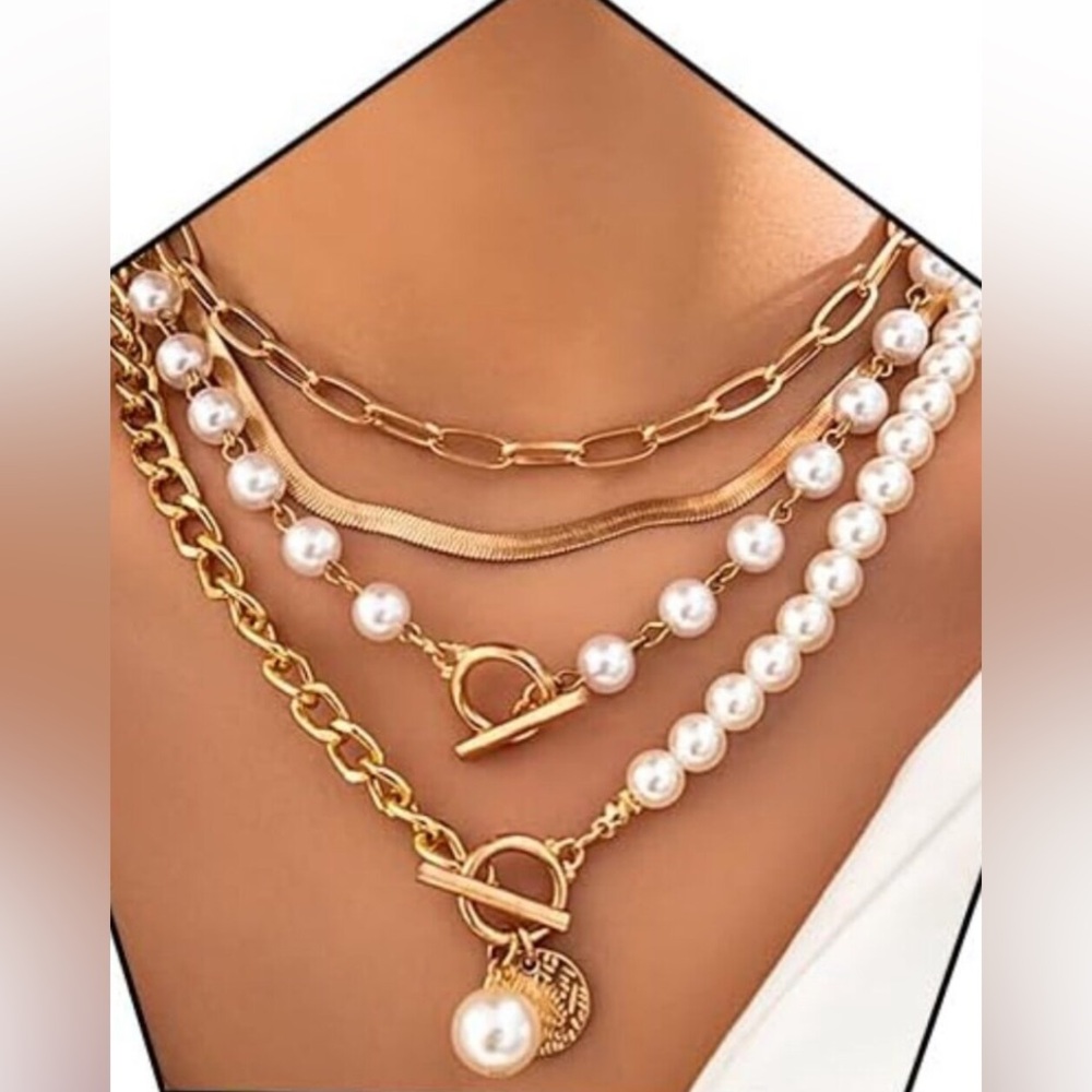 Layered Necklace 24k Gold Plated Chunky layered Pearl Paperclip Chain Necklace